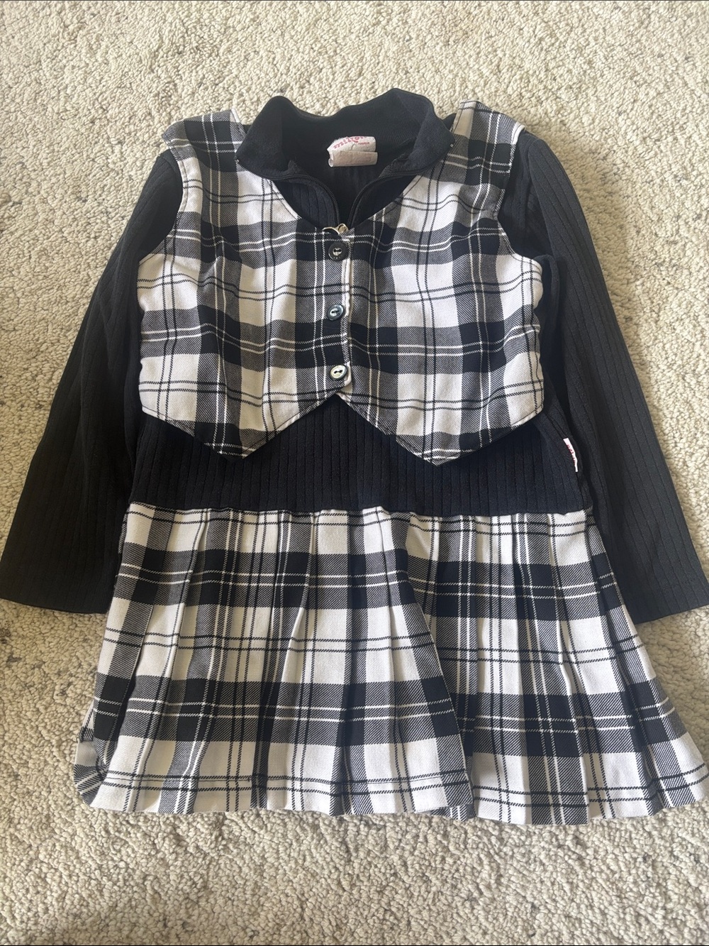 Girls 5Y Black & White Plaid Layered Dress Top